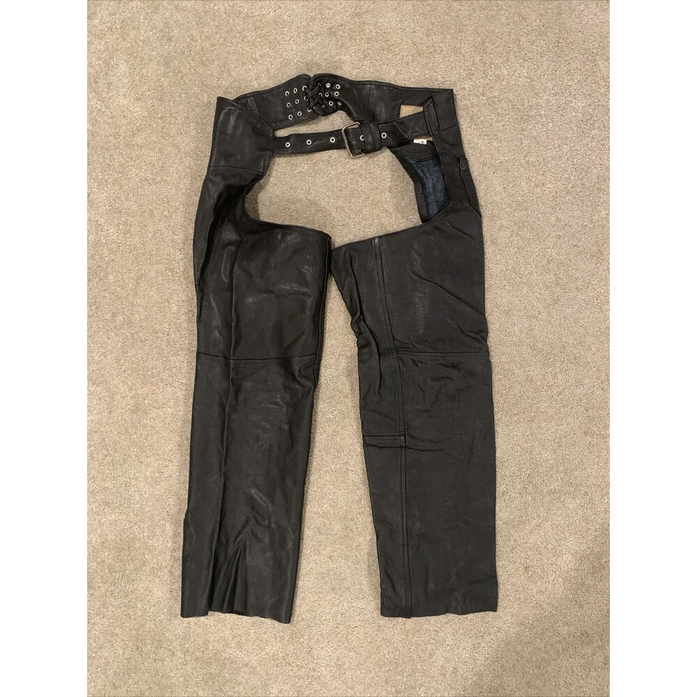 Vintage Wild Rider Leather Motorcycle Chaps Adjustable Belt XL Black